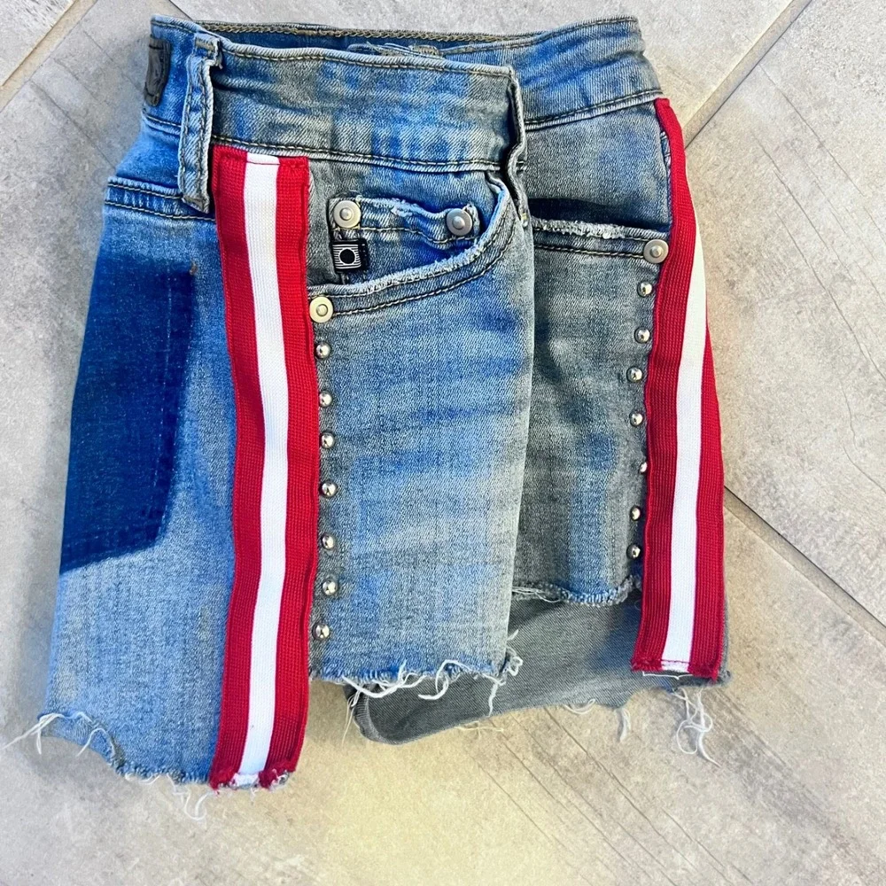 AG Girls Size12 cut off denim jean shorts with red & white stripe & studs. High/